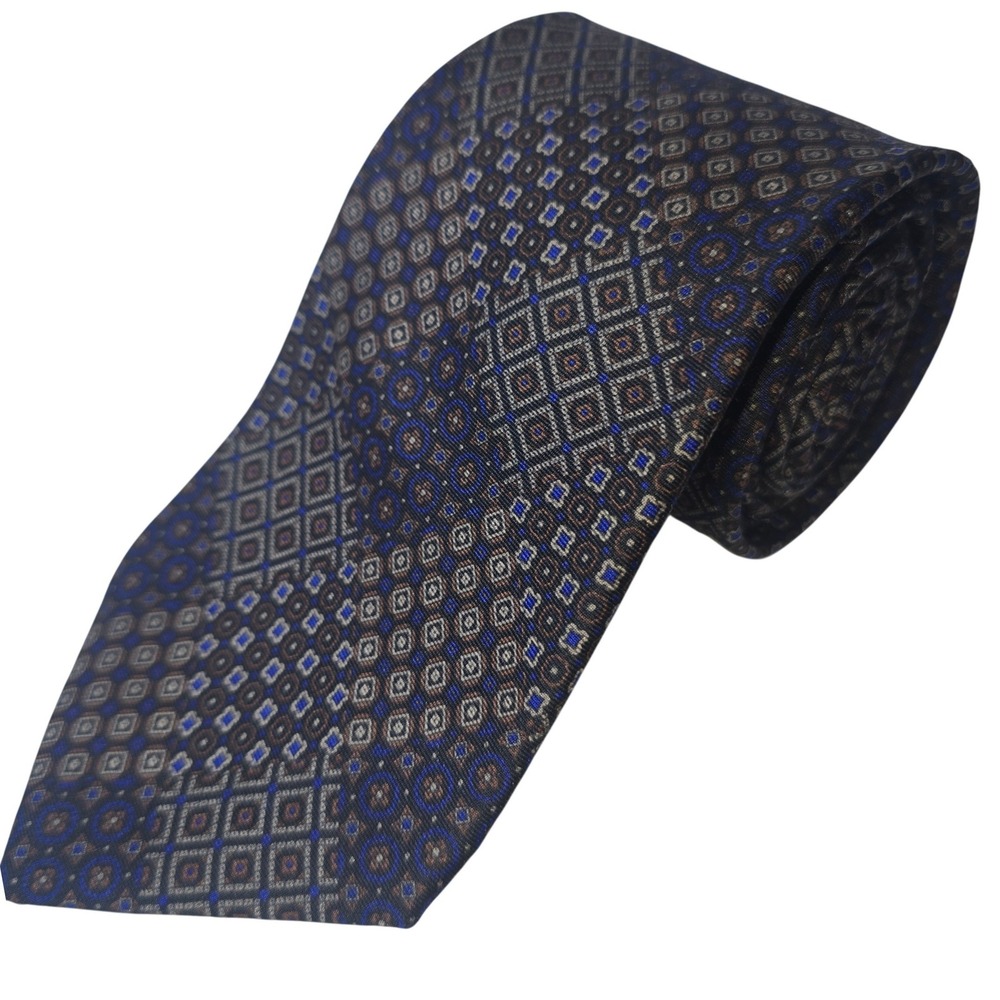 Don Loper Beverly Hills 100% Silk Mens Tie Blue Gray Brown 56" x 3.5" Vintage